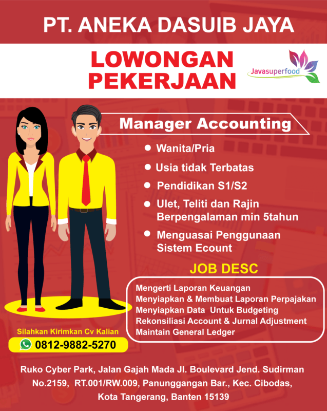Lowongan Kerja Manager Accounting di PT. Aneka Dasuib Jaya - JakartaKerja
