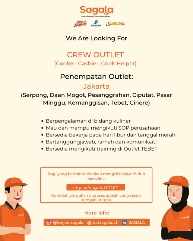 Lowongan Kerja Crew Outlet (Kitchen & Kasir) di Sagala Group JakartaKerja