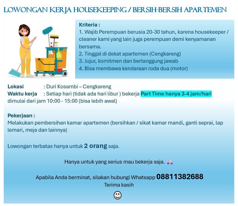 Lowongan Kerja Housekeeping / Bersih Bersih Apartemen di Edward ...