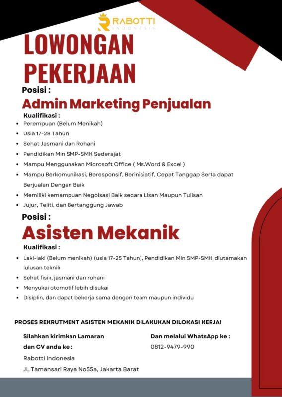 Lowongan Kerja Admin Marketing Penjualan - Asisten Mekanik di Rabotti ...