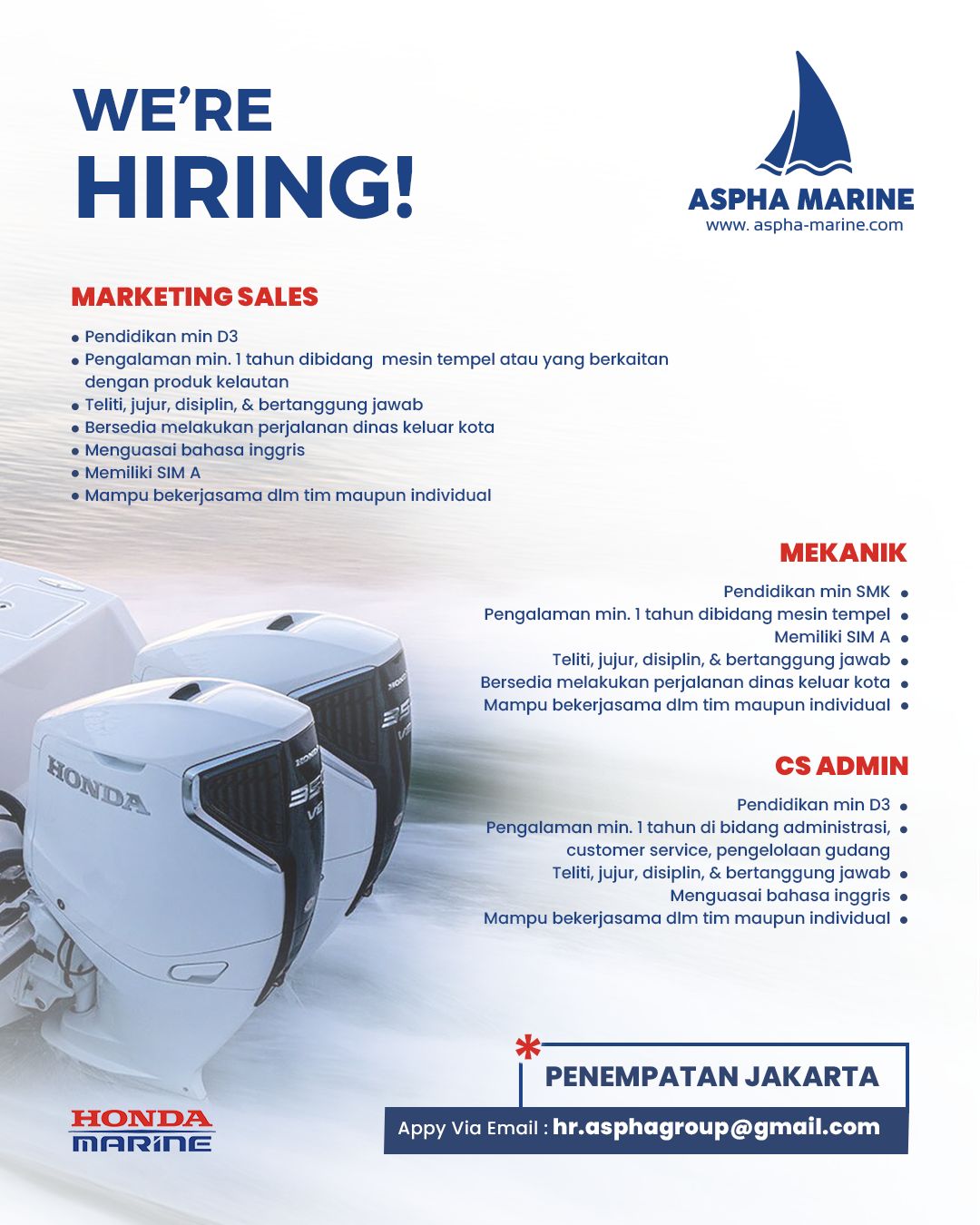 Aspha Lowongan Kerja Marketing Sales - Mekanik - CS Admin di Aspha Marine ...