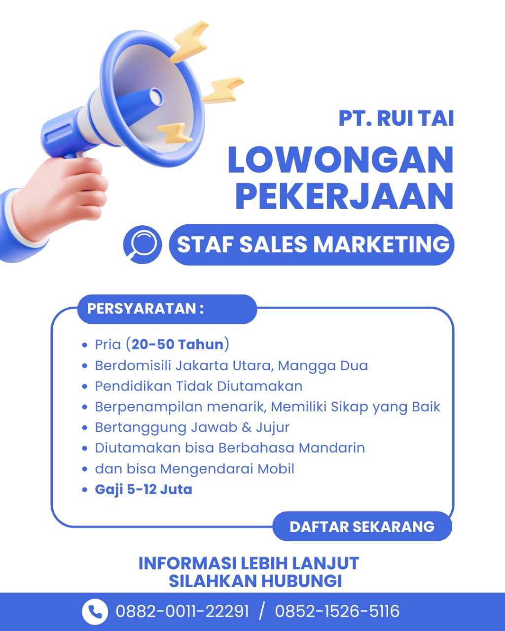 Lowongan Kerja Staf Sales Marketing di PT. Rui Tai - JakartaKerja