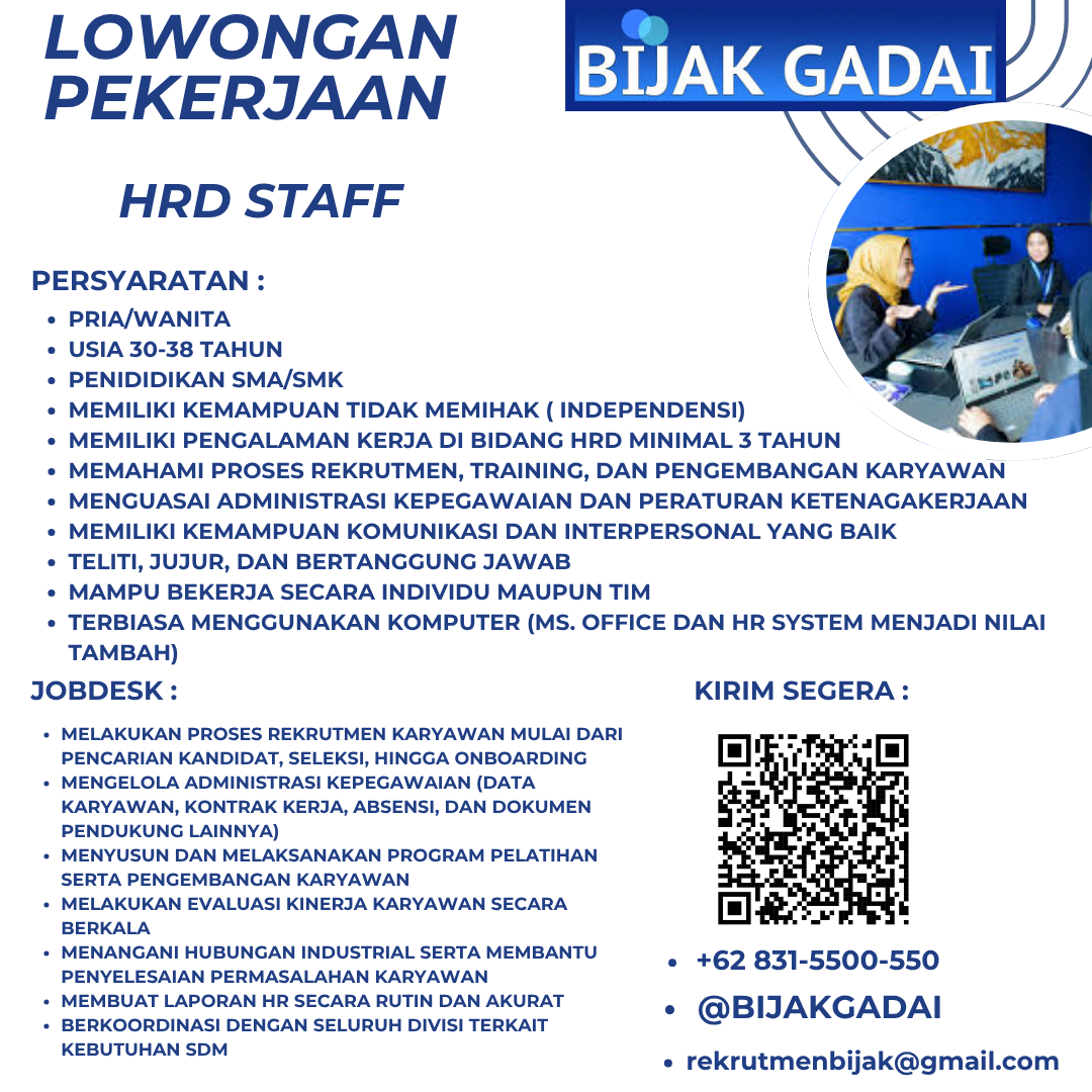 Lowongan Kerja HRD Staff di PT. Bijak Gadai Indo - JakartaKerja