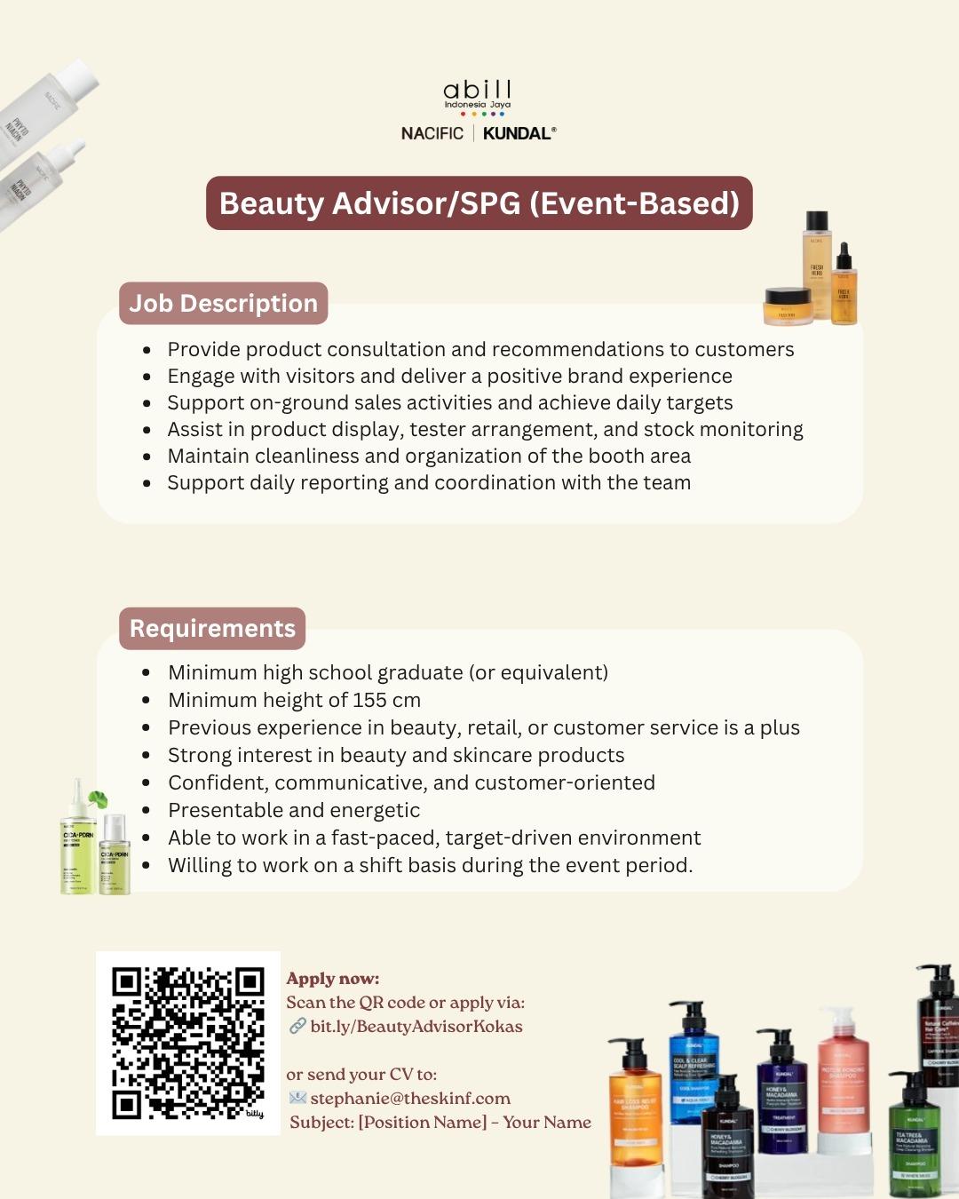 Lowongan Kerja Beauty Advisor/SPG (Event-Based) di PT. Abill Indonesia ...