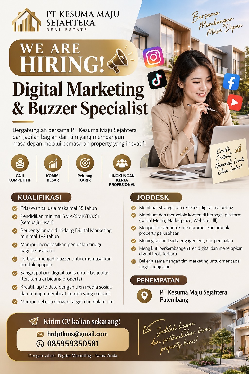 Lowongan Kerja Digital Marketing & Buzzer Specialist - Supervisor Marketing Property - Property Marketing Manager di PT. Kesuma Maju Sejahtera